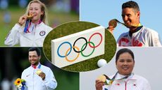 Four Olympic golfers with their medals and the Olympic rings in the middle 