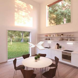 kitchen and dinning area with white wall glass window white dinning table and brown chair