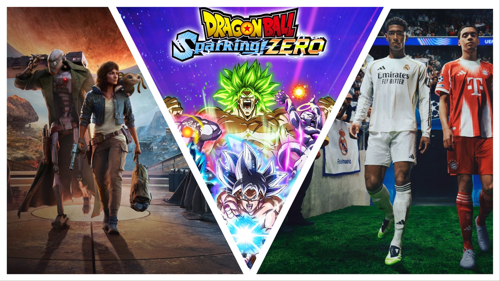 Three video game covers sliced together with Star Wars Outlaws on the left, Dragon Ball Sparking Zero in the middle and on the right FC 25 