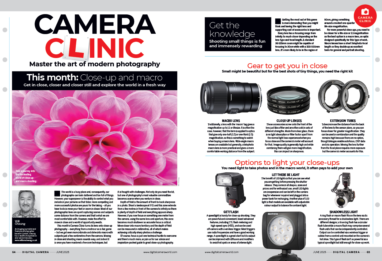 Image showing the first two pages of the Camera Clinic article in issue 295 (June 2025) of Digital Camera magazine, an 8-page masterclass about taking macro and close-up photographs