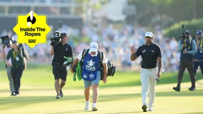Aaron Rai walks down the 72nd hole at the 2026 PGA Championship with a yellow Inside The Ropes Golf Monthly sticker in the top-left