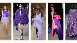 models wearing purple at Victoria Beckham, Moschino, Valentino, Versace