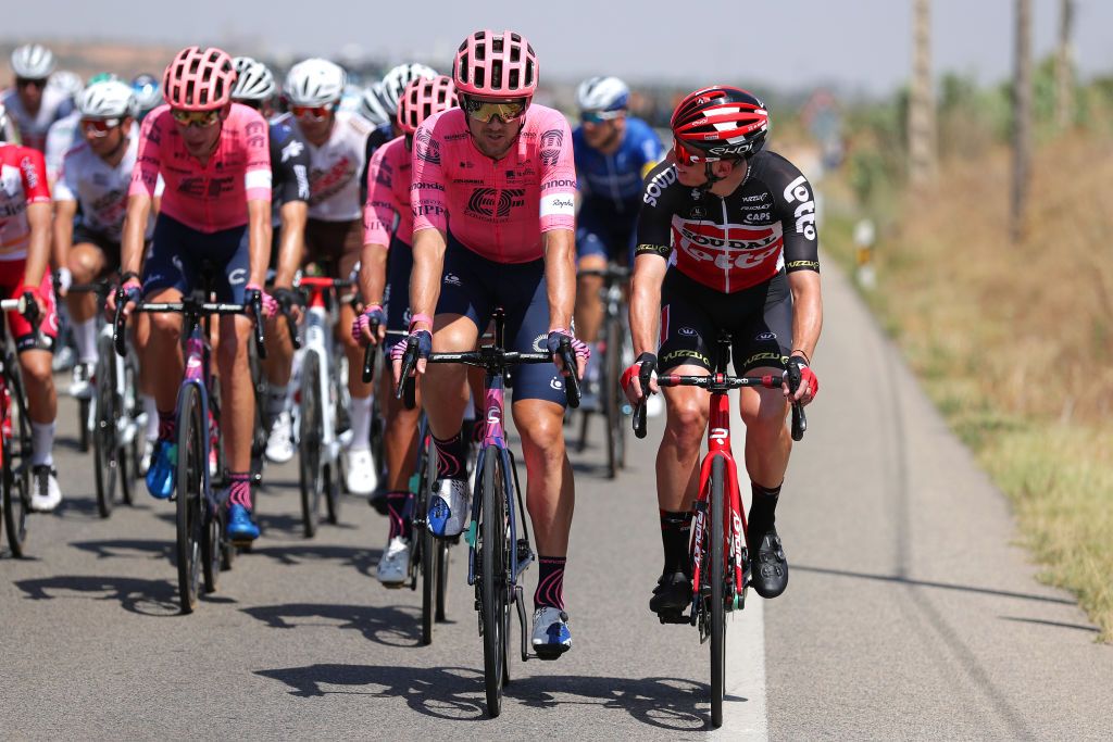 ALBACETE SPAIN AUGUST 18 LR Thomas Scully of New Zealand and Team EF Education Nippo and Matthew Holmes of United Kingdom and Team Lotto Soudal during the 76th Tour of Spain 2021 Stage 5 a 1844km stage from Tarancn to Albacete lavuelta LaVuelta21 on August 18 2021 in Albacete Spain Photo by Gonzalo Arroyo MorenoGetty Images