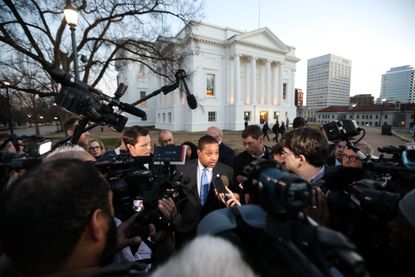 Virginia Lt. Gov. Justin Fairfax addresses the media about a sexual assualt allegation from 2004 outside of the capital building in dowtown Richmond, February 4, 2019.