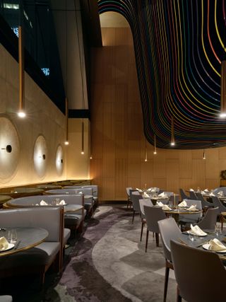 Tables and seating at 53 Asian restaurant in midtown Manhattan