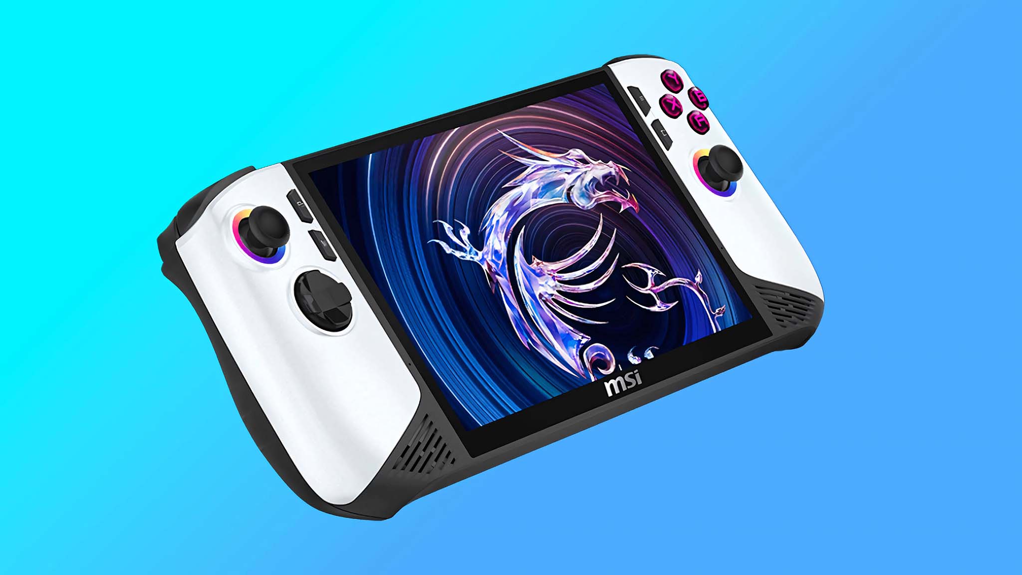 MSI Claw 8 AI+ Polar Tempest Edition on a blue background.