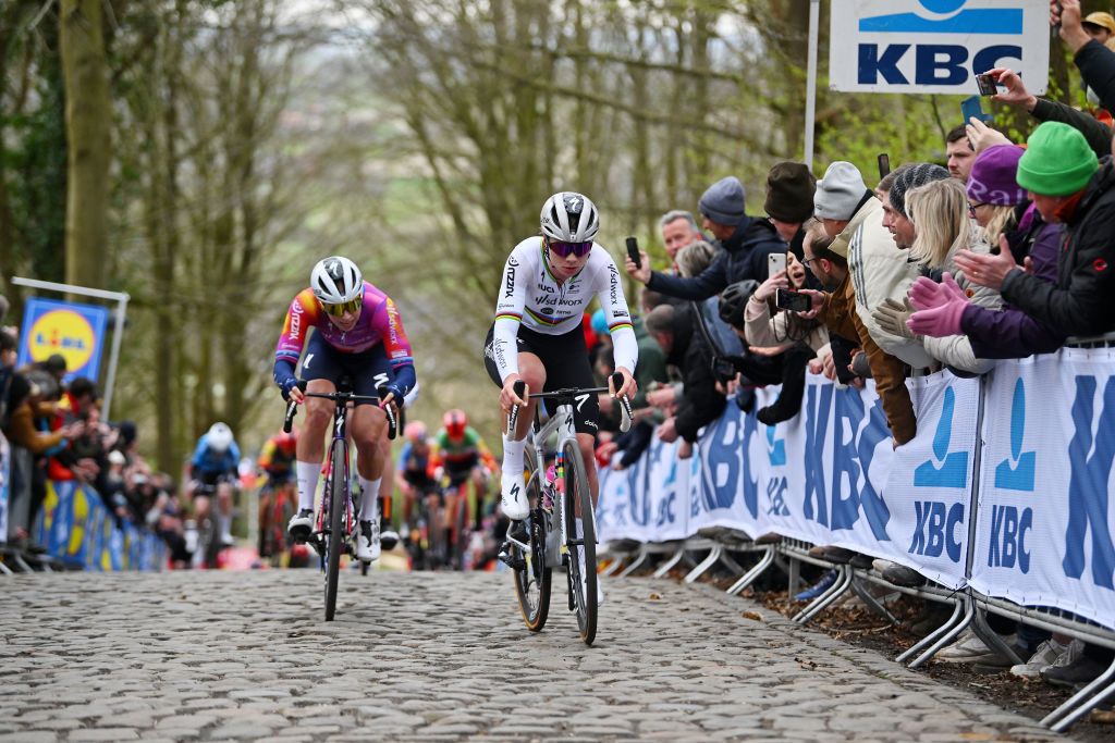 WEVELGEM BELGIUM MARCH 24 LR Lorena Wiebes of The Netherlands and Lotte Kopecky of Belgium and Team SD WorxProtime compete during the 13rd GentWevelgem in Flanders Fields 2024 Womens Elite a 1712km one day race from Ieper to Wevelgem UCIWWT on March 24 2024 in Wevelgem Belgium Photo by Luc ClaessenGetty Images