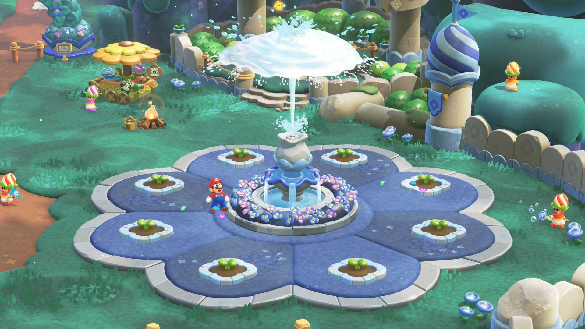 A screenshot of a fountain in Super Mario Bros. Wonder Nintendo Switch 2 Edition that's been customized with new flowers