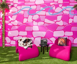 Pink stone wall design, pink chairs, astroturf