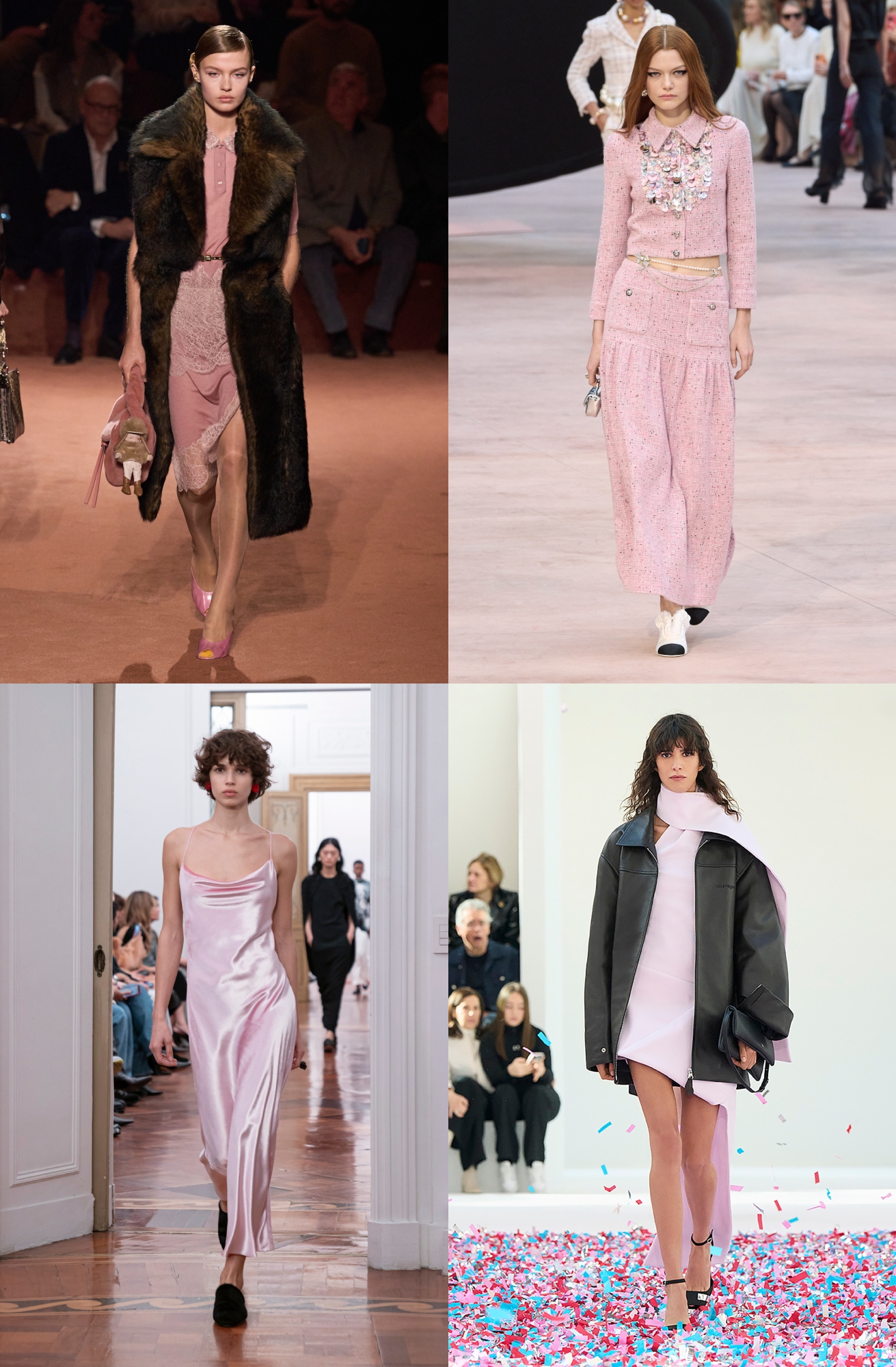 Zdjęcie odcienia przydymionego różu na wybiegach kolekcji Fendi, Chanel, Courrèges, Alberta Ferretti jesień/zima 2025, jednego z najważniejszych trendów kolorystycznych jesieni 2025 roku.