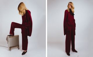 Two images, Right- Model wearing Maroon cashmere trousers and cardigan, Right Model wearing maroon cashmere trousers and cardigan