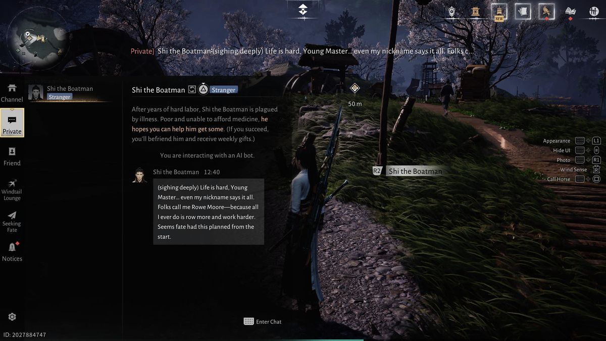 Speaking with the AI generated Shi The Boatman in Where Winds Meet