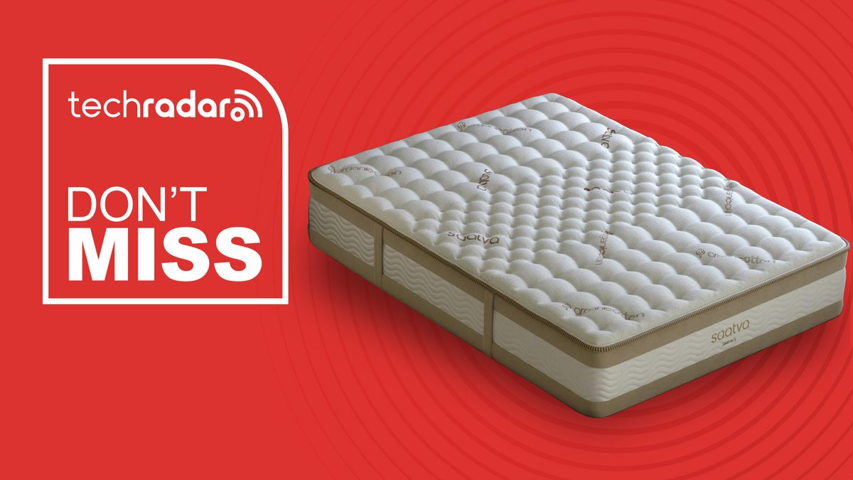 The Saatva Rx mattress against a red background with a graphic overlaid saying &quot;DON&#039;T MISS&quot;