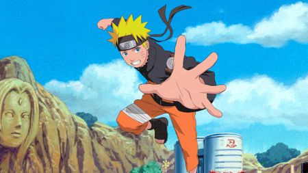 Naruto in order: Naruto Uzumaki jumping in the air getting ready to punch something during the anime Naruto. 