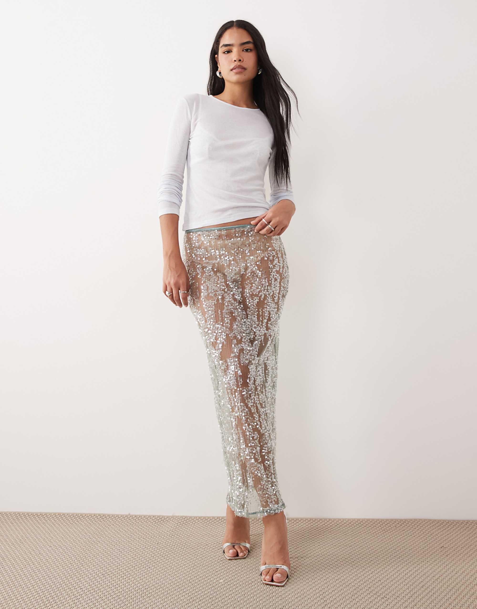 Asos Design Sheer Sequin Mesh Maxi Skirt in Mint