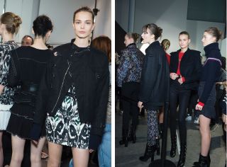 Image one - female model wearing a black jacket over a black and white dress with other models in the background. Image two - models in black jackets and trousers waiting backstage