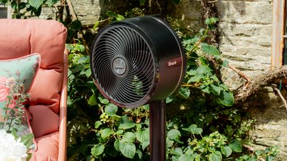 Shark FlexBreeze Portable Fan set up in outdoor garden