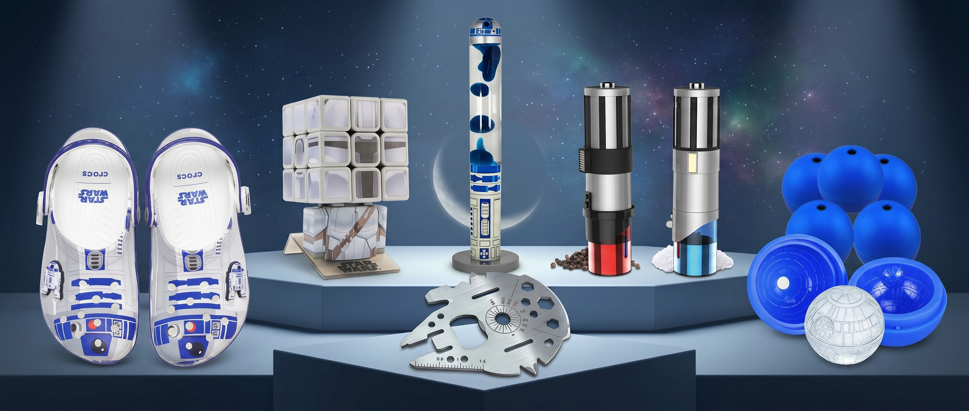 Selection of Star Wars themed merch, on podiums, with a starry background
