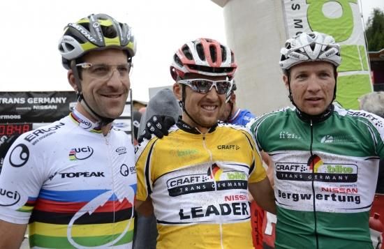 The elite men's podium after stage 2 of the Trans Germany.