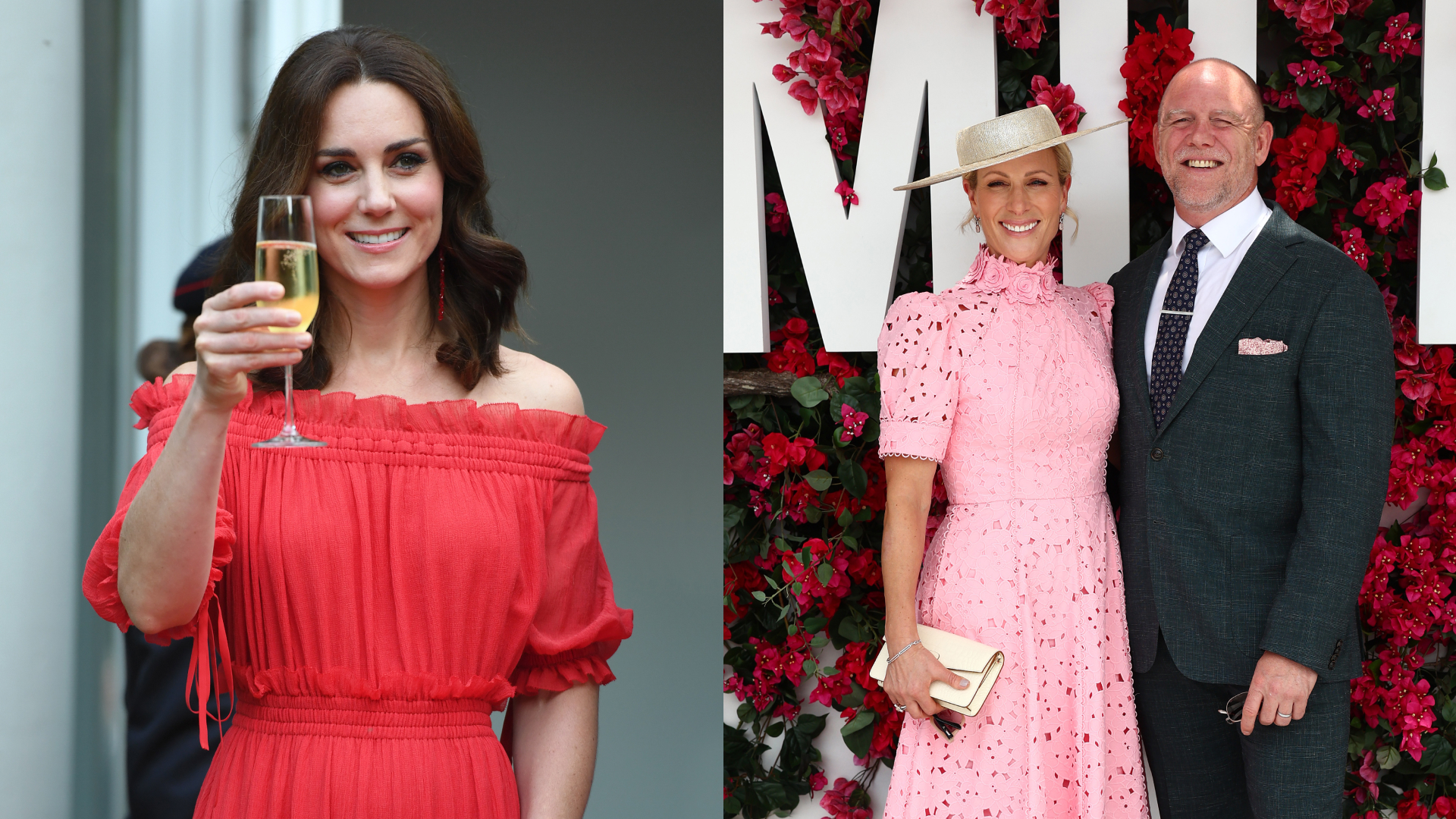 Princess Kate toasting with champagne; Mike and Zara Tindall standing in front of a flower wall 