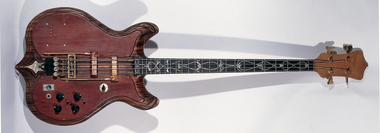 Studio still of a 1971 Alembic bass guitar owned by Jack Casady of Jefferson Airplane