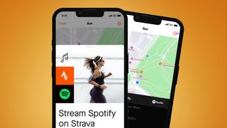 Two phones showing Strava's new Spotify integration