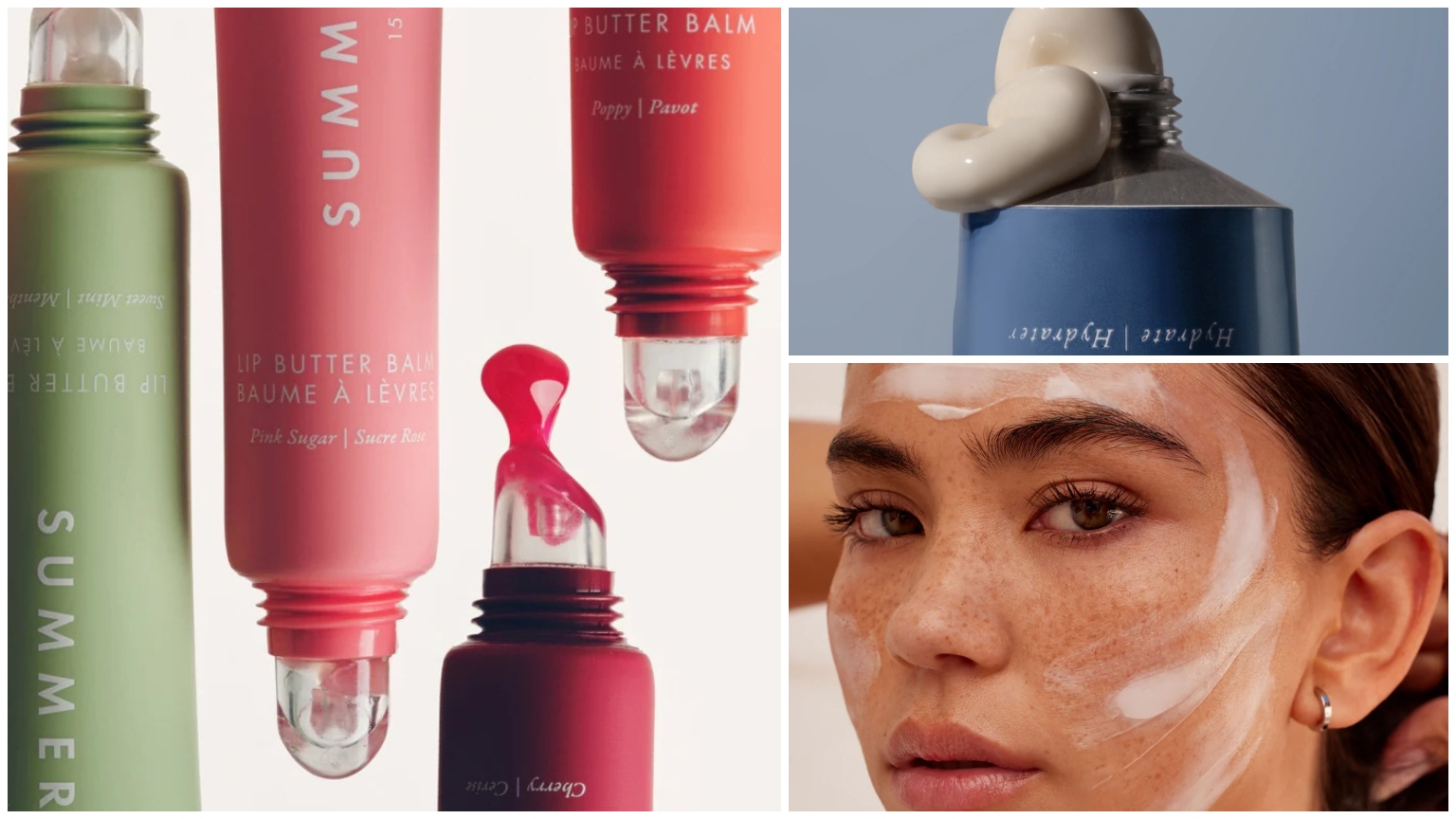 collage of summer friday lip butter balm tubes with jet lag mask bottle squeezed and model with moisturizer swatches with white border