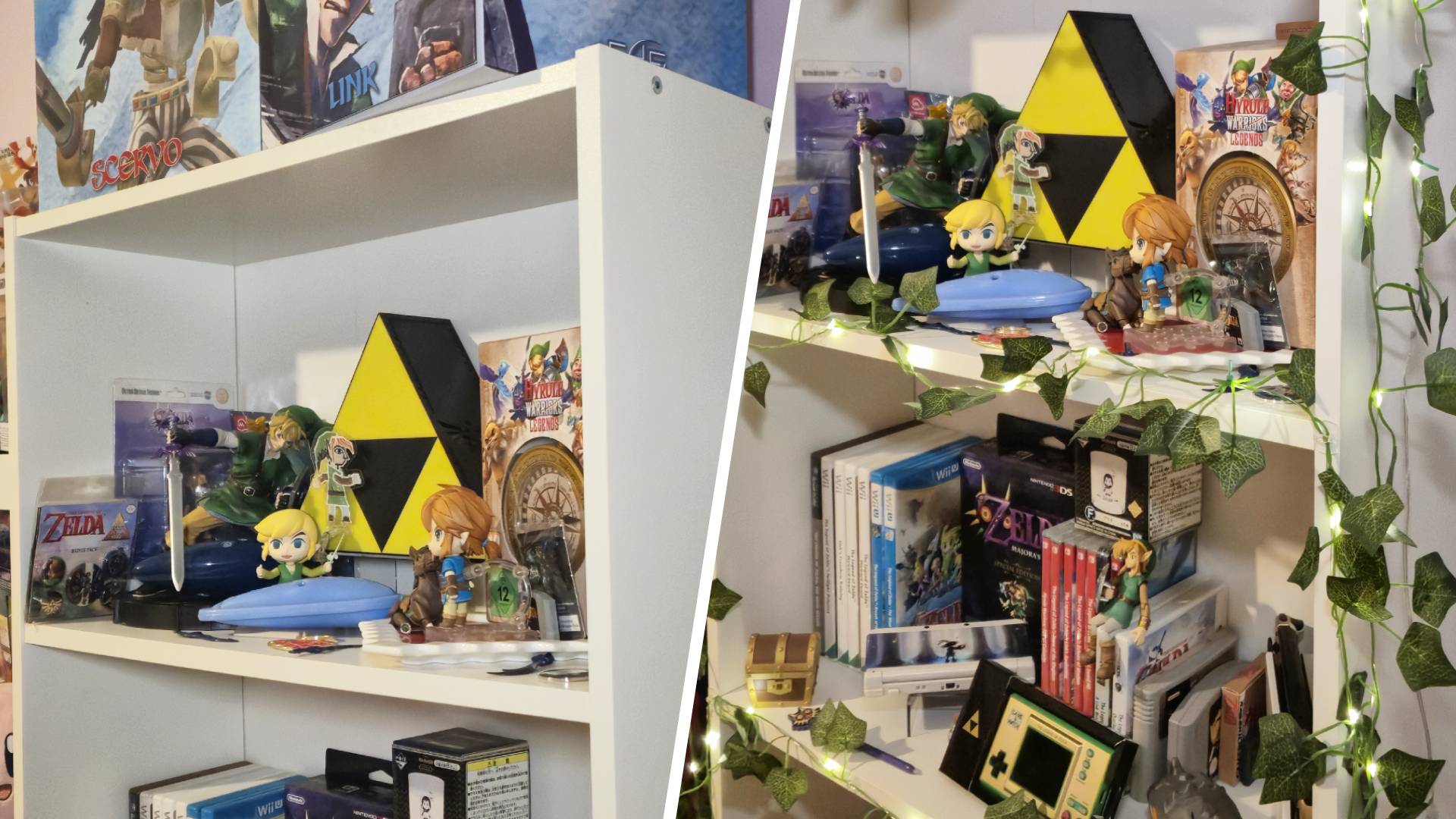 Before and after photo of an Ikea billy bookcase covered in Legend of Zelda merch and collectibles.