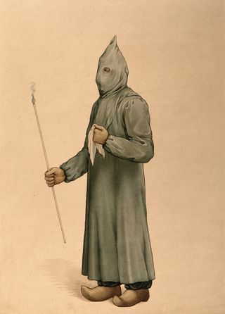 A 20th century watercolour illustration of a plague doctor costume from the plague in Marseille, 1720