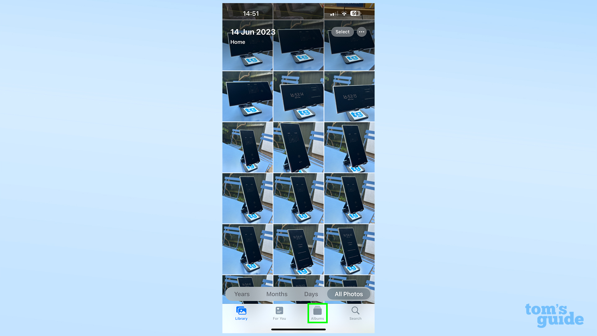 Ein Screenshot, der zeigt, wo sich die Registerkarte „Alben“ in iOS-Fotos befindet