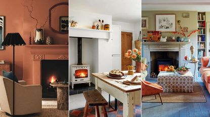 Three images of cozy fall fireplaces with autumnal decor