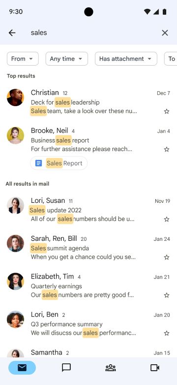 Gmail search results page showing top results first