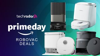 Four robot vacuums on a green background with TechRadar's Prime Day deals logo