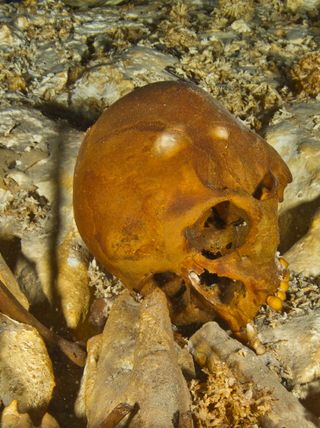 skull of teen girl Naia who died 12,000 years ago on the floor of an underwater cave on the Yucatan Peninsula.