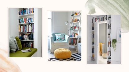 Compilation image of three bookshelf ideas for small rooms including a reading nook, storage ladder and bookshelves around a doorframe