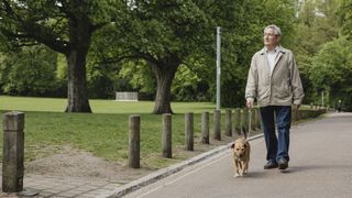 Senior man walking dog in park