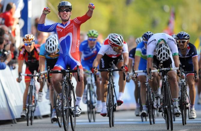Mark Cavendish (Great Britain) celebrates the 2011 Worlds win
