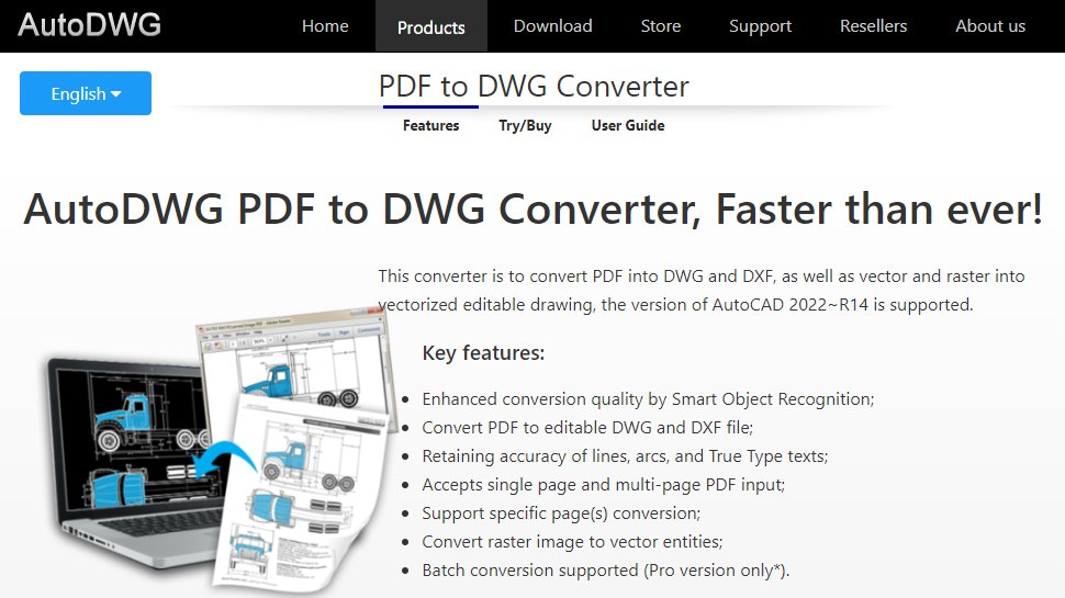 Tangkapan layar situs web untuk AutoDWG PDF to DWG Converter