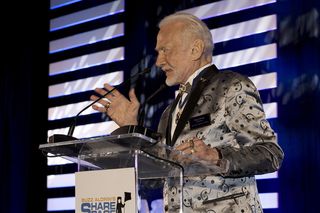 Apollo 11 moonwalker Buzz Aldrin addresses gala attendees on July 15, 2017.