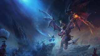 Human warriors battle a large, flying demon in official artwork for Total War: Warhammer 3.
