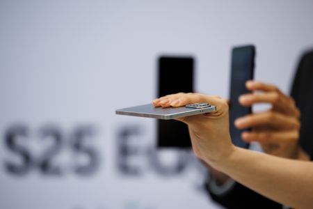 Samsung Galaxy S25 Edge smartphones during a launch event in Seoul, South Korea, on Tuesday, May 13, 2025. Samsung Electronics Co.'s latest device, which goes on sale in the US on May 30 for $1,099, is 5.8 millimeters thick and weighs 163 grams, making it about 30% thinner and 25% lighter than the S25 Ultra, the company's highest-end smartphone. Photographer: SeongJoon Cho/Bloomberg via Getty Images