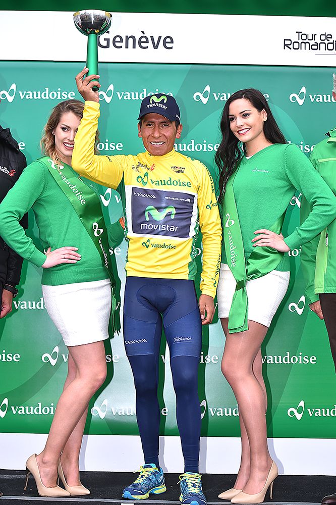 Nairo Quintana (Movistar) in yellow at the Tour de Romandie.