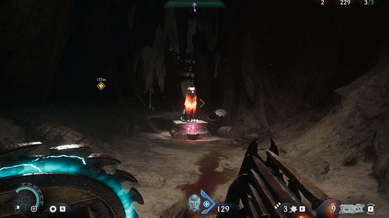 Doom: The Dark Ages Ancestral Forge secrets - A wolf statue in a cave, glowing orange with a purple flame beneath it.