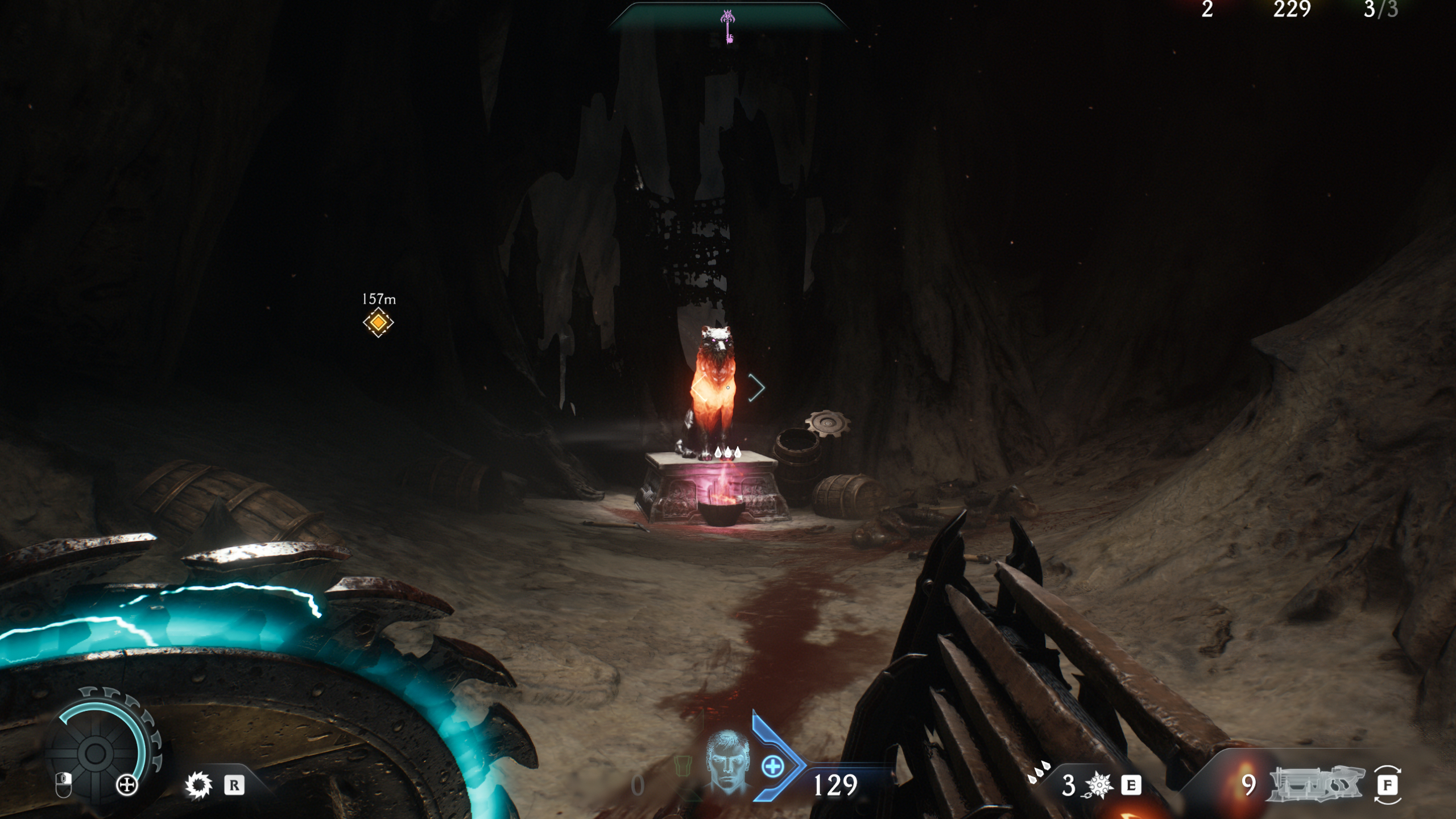 Doom: The Dark Ages Ancestral Forge secrets - A wolf statue in a cave, glowing orange with a purple flame beneath it.