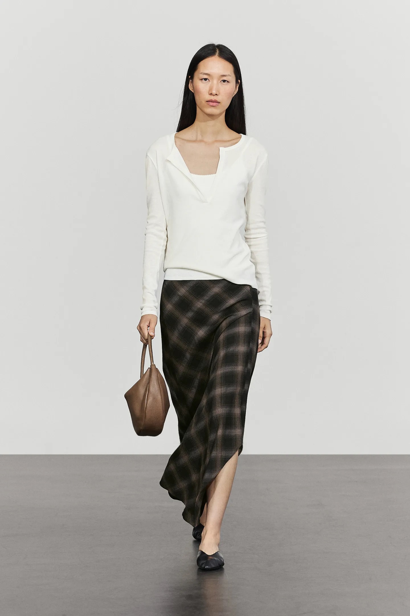 Massimo Dutti, Wool-Cotton Blend Check Midi Skirt With Split