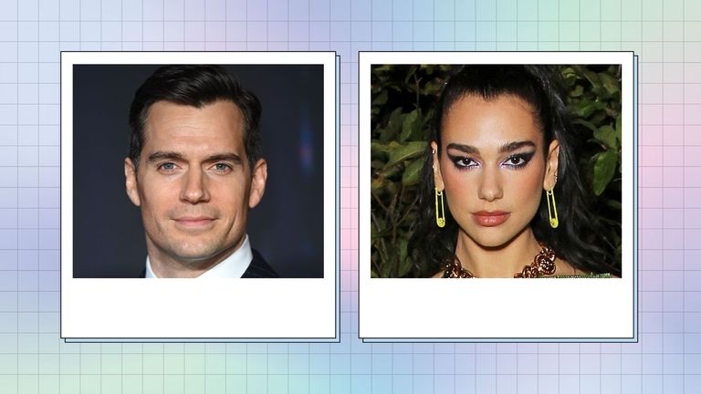 Collage of Henry Cavill and Dua Lipa