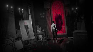 Looking at a red window in Lorelei and the Laser Eyes from within a black and white mansion. A painting takes up the left side of the frame