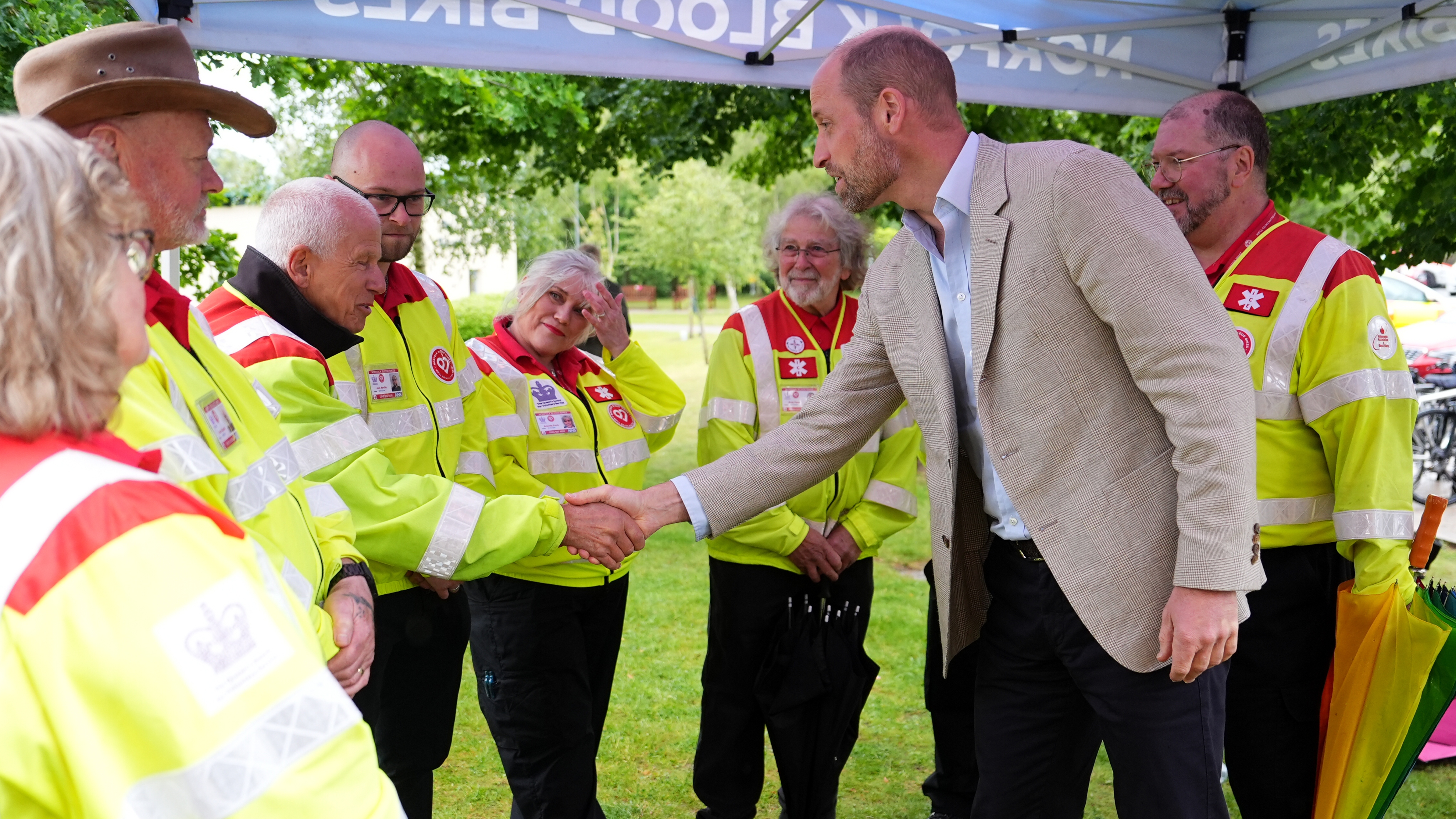 William, Prince of Wales speaks to members of local emergency responders Norfolk Blood Bikes at Norfolk and Norwich University Hospital on June 11, 2026
