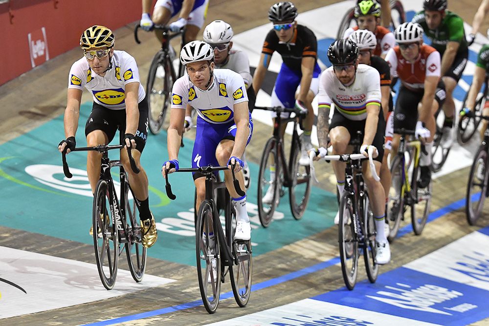 Elia Viviani, Iljo Keisse, Mark Cavendish and Bradley Wiggins