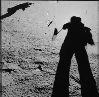 Dave Scott and Jim Irwin of the Apollo 15 mission cast shadows on the moon.
